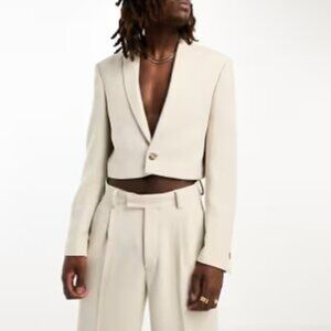 NEW! ASOS Design Beige Slim Cropped Textured Suit Jacket Size 40